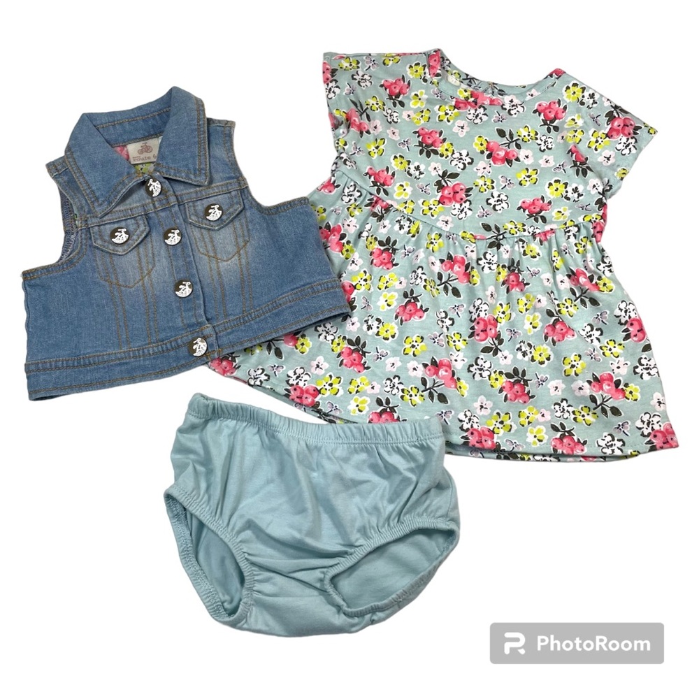 NWT Baby Route 66 denim vest with floral printed dress and bloomer Size 0-3M
